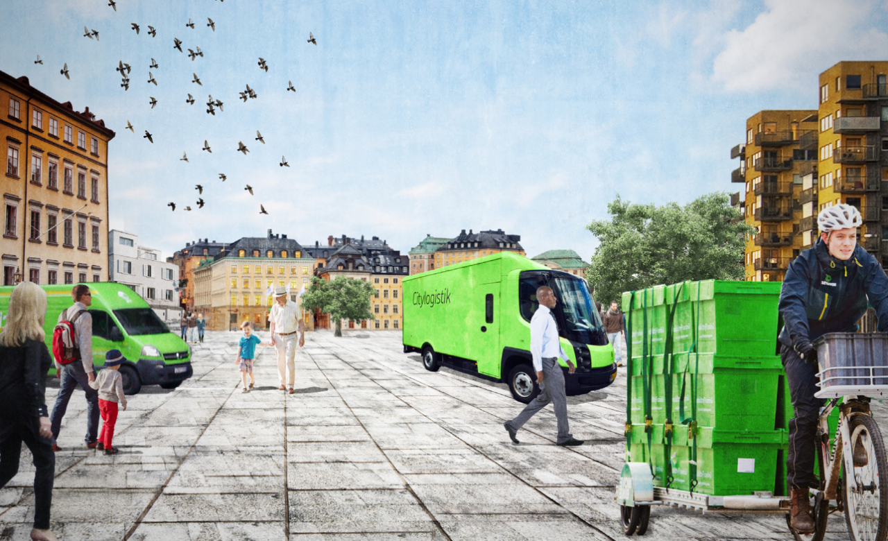 gods, godstrafik, stad, transporter, cykel, lastcykel, g&aring;ngtrafikanter, m&auml;nniskor, hus