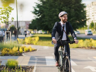 man i kostym cyklar i staden