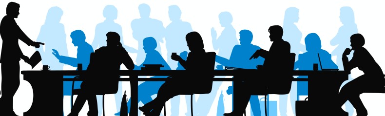 Illustration av m&auml;nniskor vid ett m&ouml;tesbord